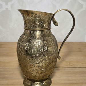 Vintage Etched Brass Pitcher. India Brass Engraved Pitcher.