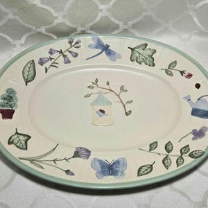 Vintage Birdhouse Floral Ceramic Country 16&quot; Oval Serving Platter. Service Merchandise Country Cottage Platter.