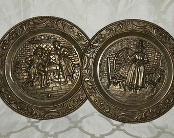 Vintage Embossed Brass Wall Plates, English Pub & Spinning Wheel Scenes