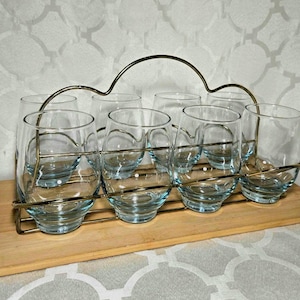 Vintage Libbey Tempo Aqua Blue Highball Glasses with Brass Caddy