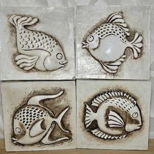 Vintage J.. Lenehan 3D Sculpted Fish Art Wall Hanging. 4 Fish Ocean Theme Wall Tiles.
