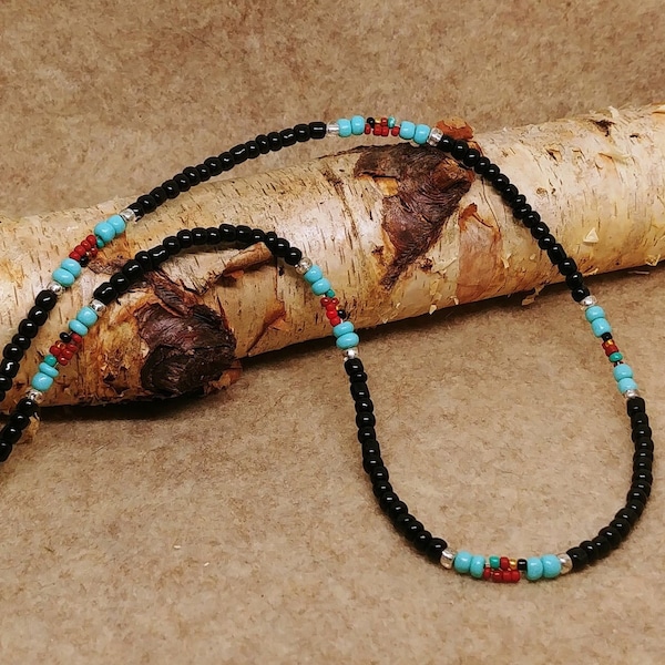 Men's Southwest Black, Turquoise Red Beaded Necklace