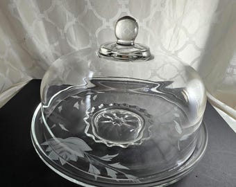 Vintage 30 cm etsad blommig tårtfat i glas med lock