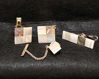 Vintage Mother of Pearl Cufflinks, Tie Pin, Tie Clip Set – Gold Tone Squares
