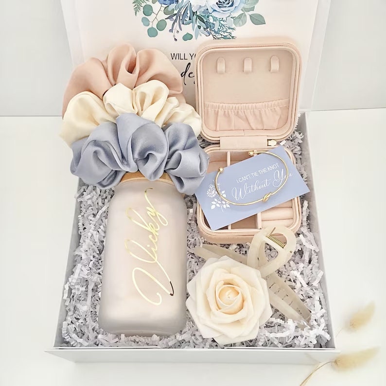 Dusty Blue Bridesmaid Proposal Box Bridesmaid Gift Bridal Party Scrunchie  Candle I Can't Say I Do Without You Will You Help Me Tie the Knot 