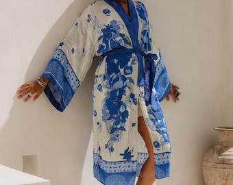 Handmade Silky Rayon Kimono – Blue Floral Print, Boho Loungewear