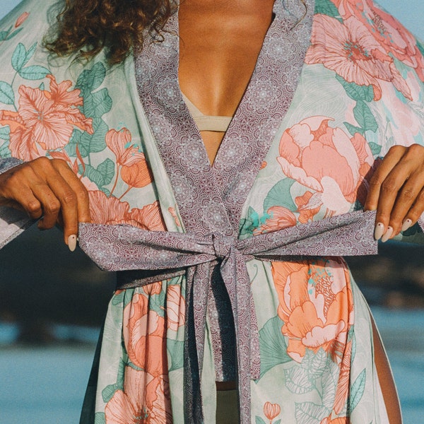 Frauen Strand Cover up Badeanzug Kimono mit Boho Blumendruck, lose lässige Resort Wear, Boho Kimono Robe, langer Lounge Hausmantel
