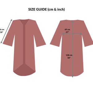 May include: Size guide for a long, loose-fitting, burgundy-colored garment with measurements in inches and centimeters. The garment has a V-neck and long sleeves.