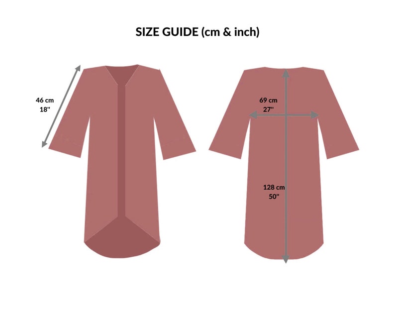 May include: Size guide for a long, loose-fitting, burgundy-colored garment with measurements in inches and centimeters. The garment has a V-neck and long sleeves.