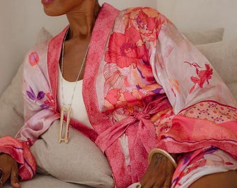 Coral Pink Satin Kimono Robe – Hand-Drawn Floral, Luxury Loungewear