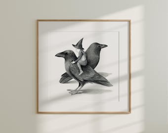 Art Print 6&quot;x6&quot; Little witch and ravens, whimsical witch wall art, handmade witch art print, square print magical wall art, raven wall decor