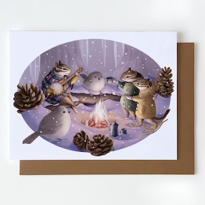 Woodland Christmas Forest card, Winter solstice bonfire greeting card, Handmade Christmas card, Merry Christmas Card, Joyful Winter card, A2