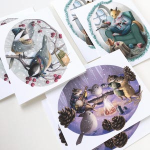 Doos met 6 geassorteerde kerstkaarten en enveloppen A2, bosrijke kerstkaartenset, handgemaakte kaart winterzonnewende, feestelijke illustratie