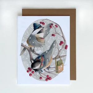 Cartão de Natal festivo, Chickadees, Colheita de Winterberry, Cartão de felicitações exclusivo feito à mão, Cartão de Feliz Natal, Cartão do País das Maravilhas do Inverno