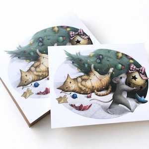 Boîte de 6 cartes de vœux et enveloppes pour les fêtes, chat roux et souris coquine, format A2, carte de Noël illustrée rigolote chat tigré, carte d'hiver