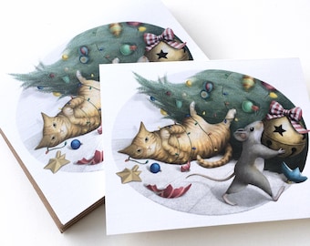 Ginger Cat Christmas Card Set: Funny Tabby & Mouse Holiday Greetings