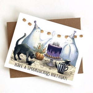 Cartão de aniversário com fantasmas e gato preto, tamanho A2, cartão de felicitações de aniversário de Halloween, cartão de aniversário assustador, cartão de amigo gótico