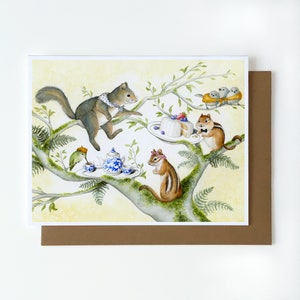 Verjaardagskaart Tea Party, A2-formaat (4,25 "x 5,5"), grillige wenskaart, bosdierenkaart, verjaardagskaart eekhoorn, verjaardagskaart moeder