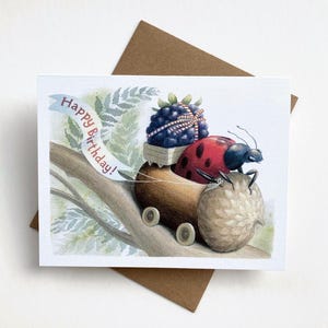 Carte d'anniversaire coccinelle, format A2, jolie carte botanique, carte de voeux nature, jolie carte d'anniversaire insecte, jolie carte coccinelle, carte jardin d'insectes