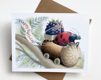 Carte d'anniversaire coccinelle, carte de voeux aquarelle, carte d'anniversaire baies