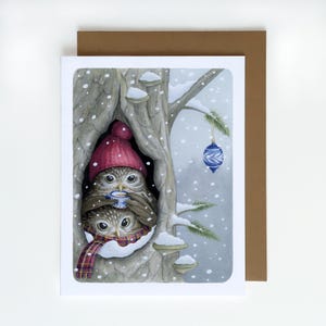 Owls Christmas greeting card A2 (4.25"x5.5") size, whimsical animals Christmas cards, woodland animals holiday card, snowy forest birds card