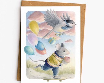 Tarjeta de cumpleaños con animales divertidos: Ilustración de acuarela de un ratón y un pájaro