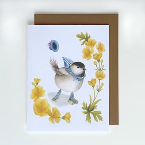 Carte d'anniversaire florale printanière, format A2 (4,25 x 5,5 po.), carte de voeux de patinage à roulettes oiseau mésange, carte oiseau mignon fantaisiste, carte d'amateur d'oiseaux
