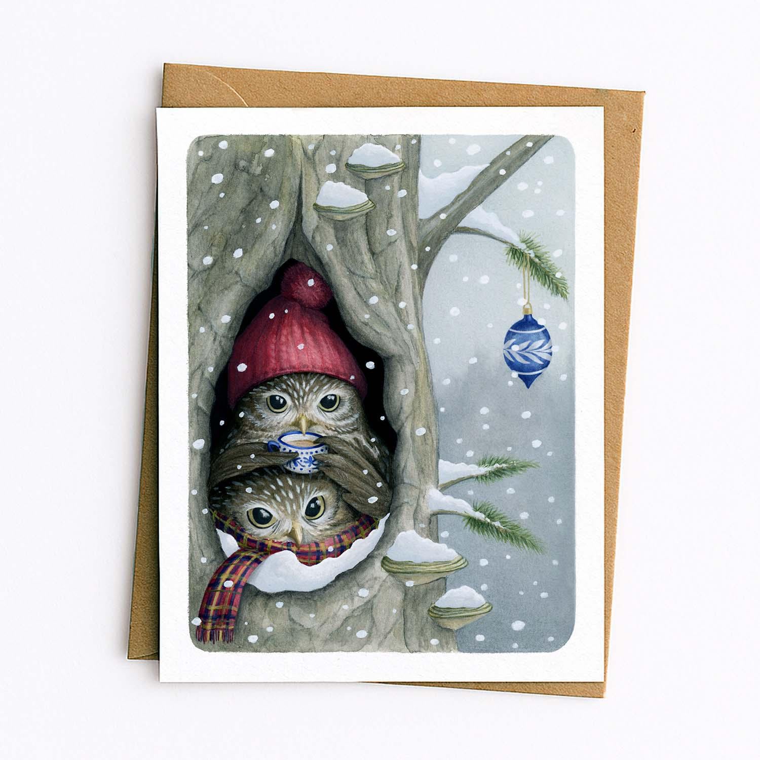 Whimsical Owls Christmas Card: Snowy Forest Holiday Greetings