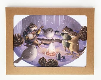 Boxed 6 Holiday Greeting Cards & Envelopes A2,  Woodland animal Christmas card, Winter solstice blank cards, handmade illustrated cards