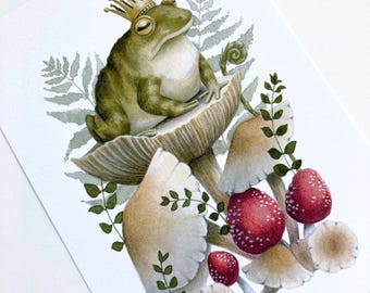 Frog Prince Art Print, Cottagecore Woodland Nursery Decor (5x7), Frog Lover Gift