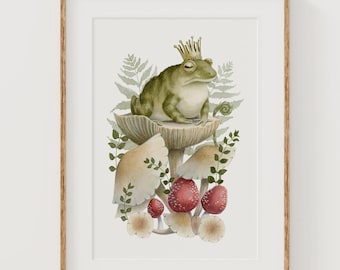 Frog Prince Art Print: Whimsical Toadstool Goblincore Illustration
