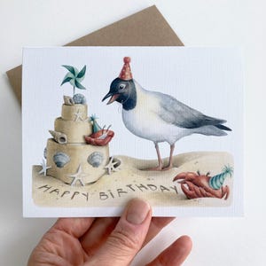 Seagull Birthday Card, A2 size, whimsical bird card, west coast birthday card, happy birthday, beach birthday card, crab birthday card