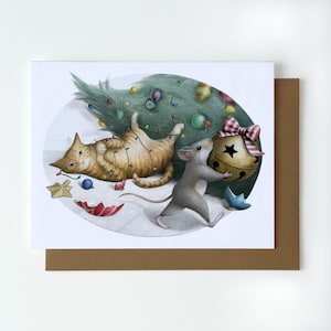 Carte de voeux de vacances chat et souris roux, format A2, carte de Noël chat illustrée, carte de vacances chaton mignon, carte de Noël drôle de chat tigré