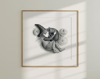 Art Print 6&quot;x6&quot; Little witch sleeping, whimsical witch wall art, handmade witch art print, square print wall art, witch and cat art print