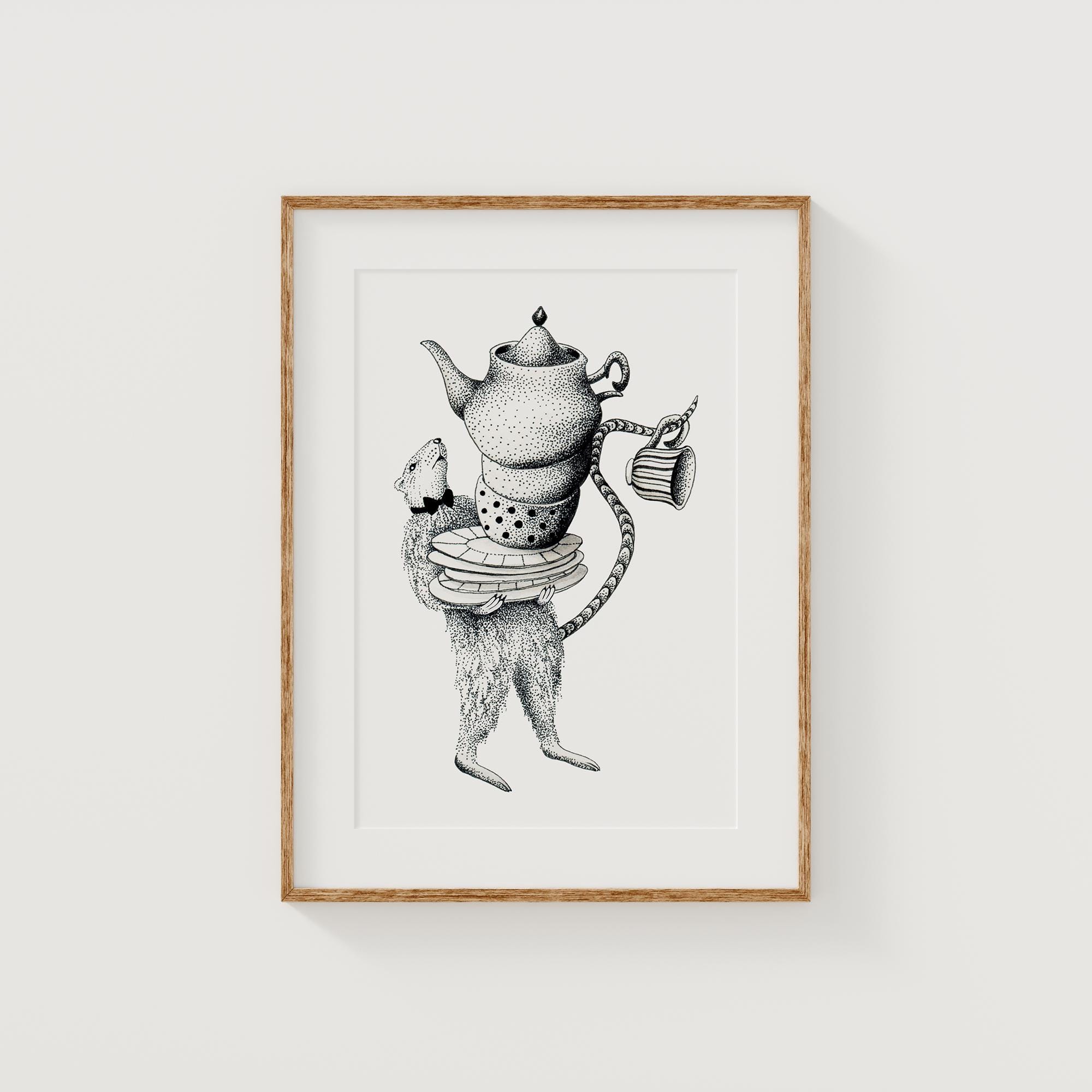 Charming Rat Tea Party Illustration, Quirky Rat Kitchen Art Print 8x10, Cute Whimsical Tea Time Illustration, Rat Lover Gift