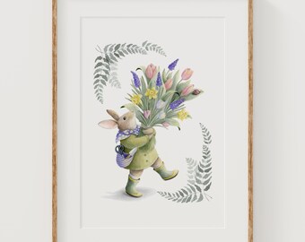 Whimsical Bunny Flowers Art Print – Watercolor Gardener Rabbit Illustration (5x7)
