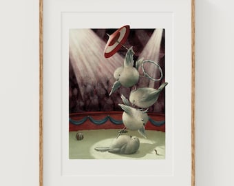 Circus Birds Art Print: Whimsical Circus Acrobats wall decor 5x7