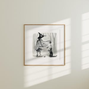Witch and Black Cat Art Print: Spooky Gothic Forest Wall Decor