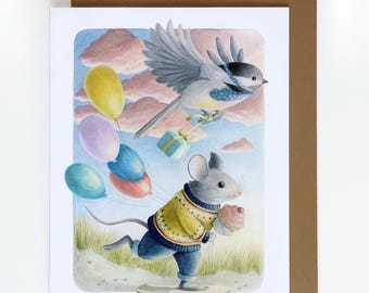 Birthday Greeting Card woodland animals, A2 size (4.25"x5.5"), cute mouse and chickadee bird birthday card, friend whimsical birthday card