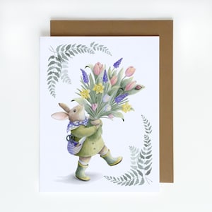 Wenskaart konijntje en bloemen, A2-formaat (4,25 x 5,5"), bloementuinkaart voor moeder, geïllustreerde aquarel bloemen Moederdagkaart