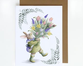 Bunny Floral Bouquet Greeting Card: Whimsical Spring Art (A2 Size)