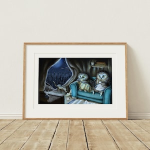 Uilen Art Print 7 &quot;x 5&quot;, bos dier decor, uilen minnaar cadeau, grappige nachtbrakers kunstprint, grillige illustratie giclee, nachtelijke muurkunst