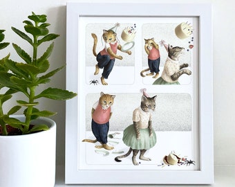 Art Print 8x10 Birthday cats misadventure, funny cats wall art, cat lover wall art decor, cat lover gift, illustrated art print, home decor