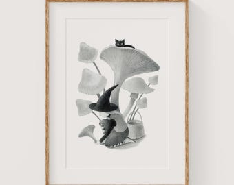 Whimsical Witch Picking Giant Mushrooms Art Print (5x7) – Fantasy Forest Illustration for Cottagecore Home Decor