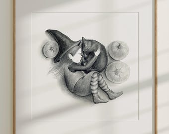 Art Print 6"x6" Little witch sleeping, whimsical witch wall art, handmade witch art print, square print wall art, witch and cat art print