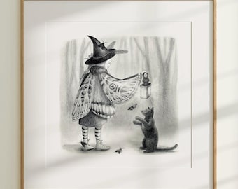 Lámina artística de bruja y gato, arte de fantasía oscura, ilustración de bruja, decoración Whimsigoth, (6x6)