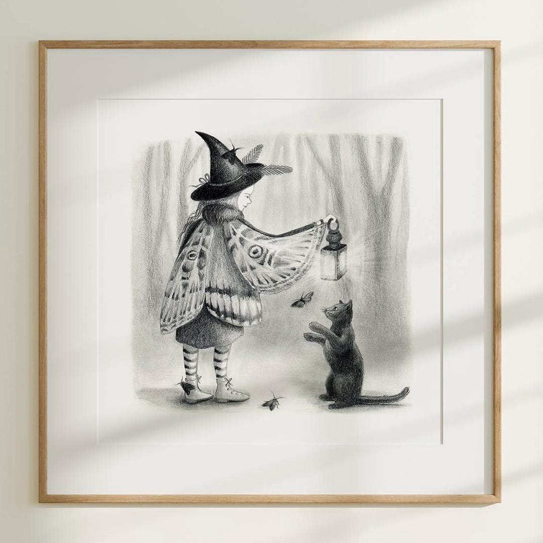 Little Witch With Cat and Moths in Enchanted Forest Art Print ...
