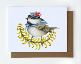 Leuke handgemaakte wenskaart met lentemeesvogel, A2-formaat (4,25 "x 5,5"), verjaardagskaart voor vogelliefhebber, natuurkaart vogel, Moederdagkaart
