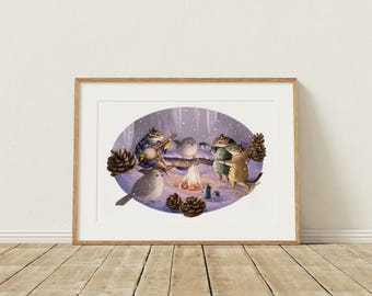 Fine Art Print 8&quot;x10&quot; Winter whimsical woodland animals wall art, Wildlife illustration giclee, nursery woodland forest illustration print