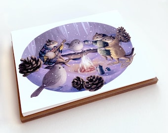 Set of 6 Holiday Greeting Cards & Envelopes A2, Woodland animals festivities, Winter solstice blank Christmas cards, Cute animals card